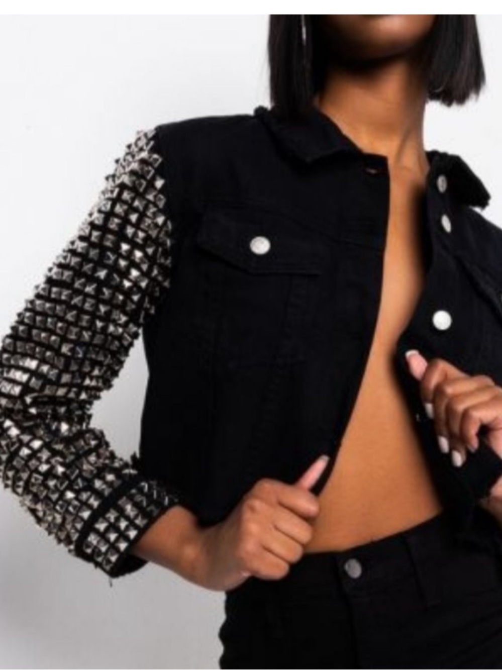 Azalea Wang Black Studded Denim Jacket with Silver Pyramid Sleeve Detail